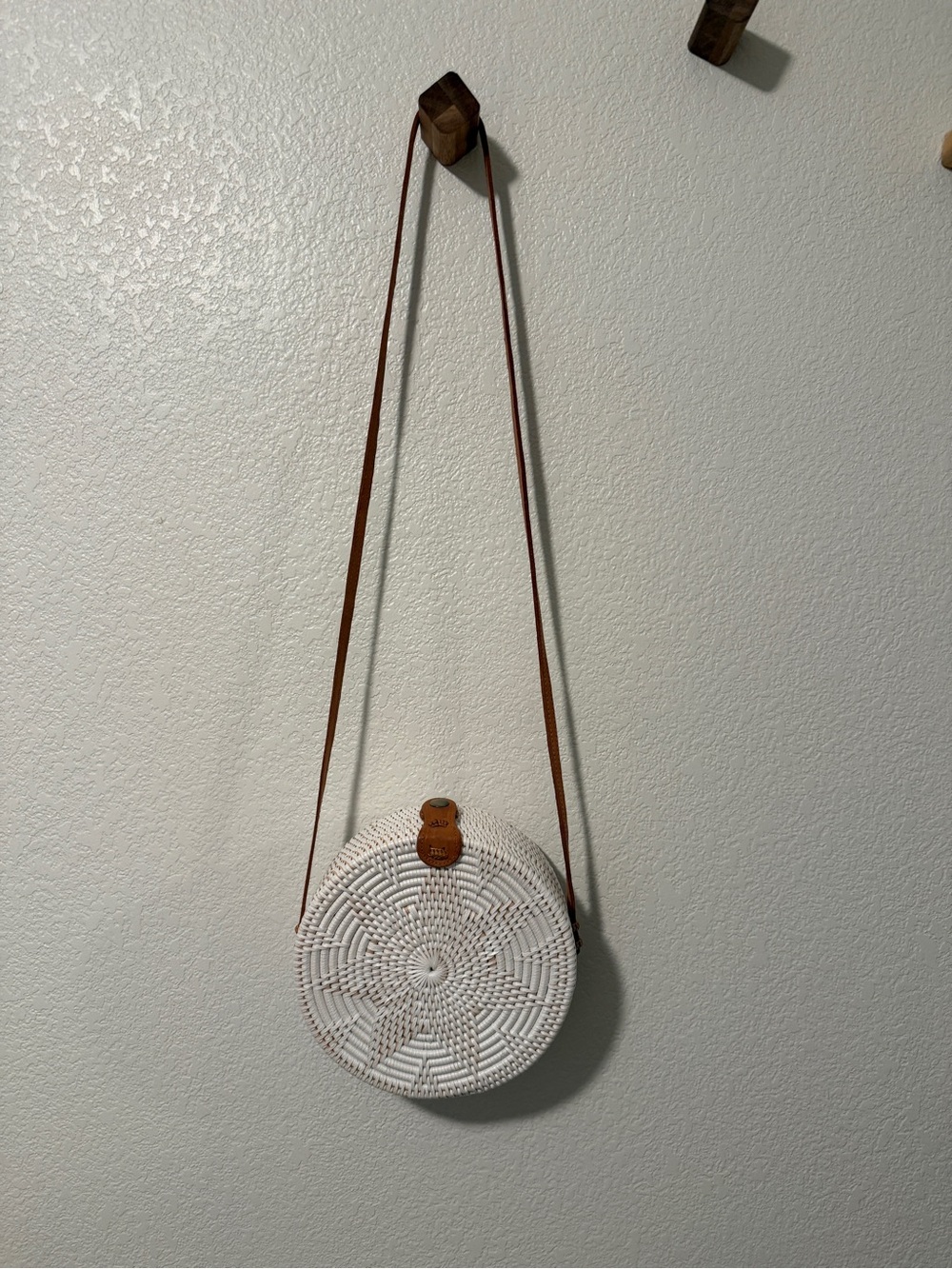 Women’s Round Woven Crossbody Bag in White with Brown Strap